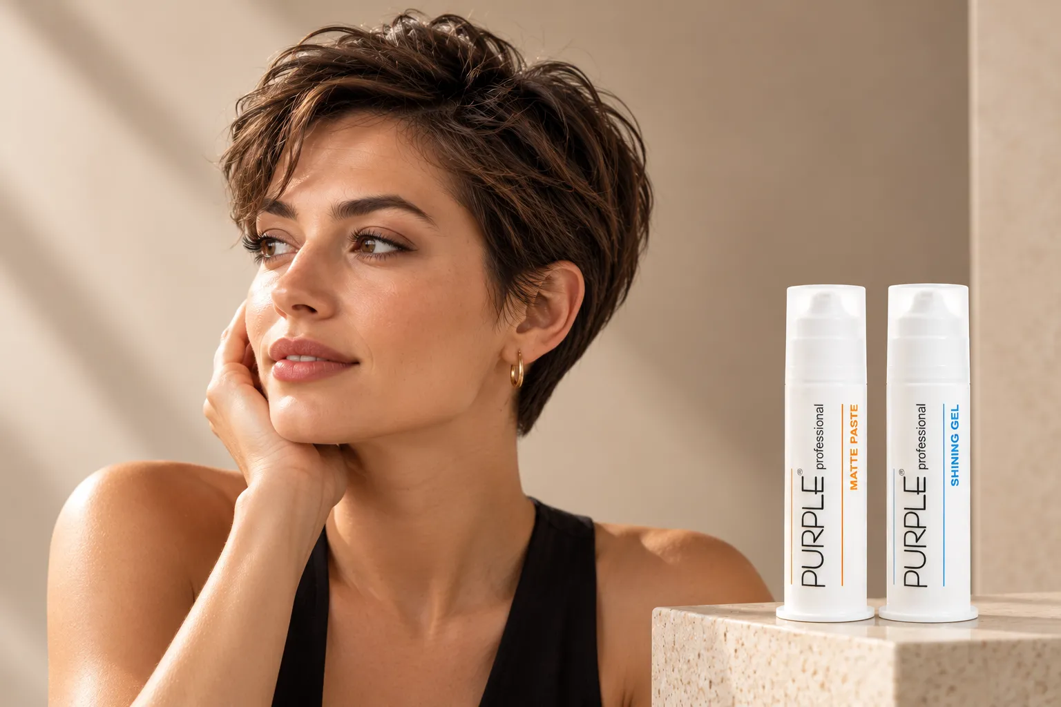Dokulu pixie kesimli kadın, yanında Purple Matte Paste ve Shining Gel şişeleri
