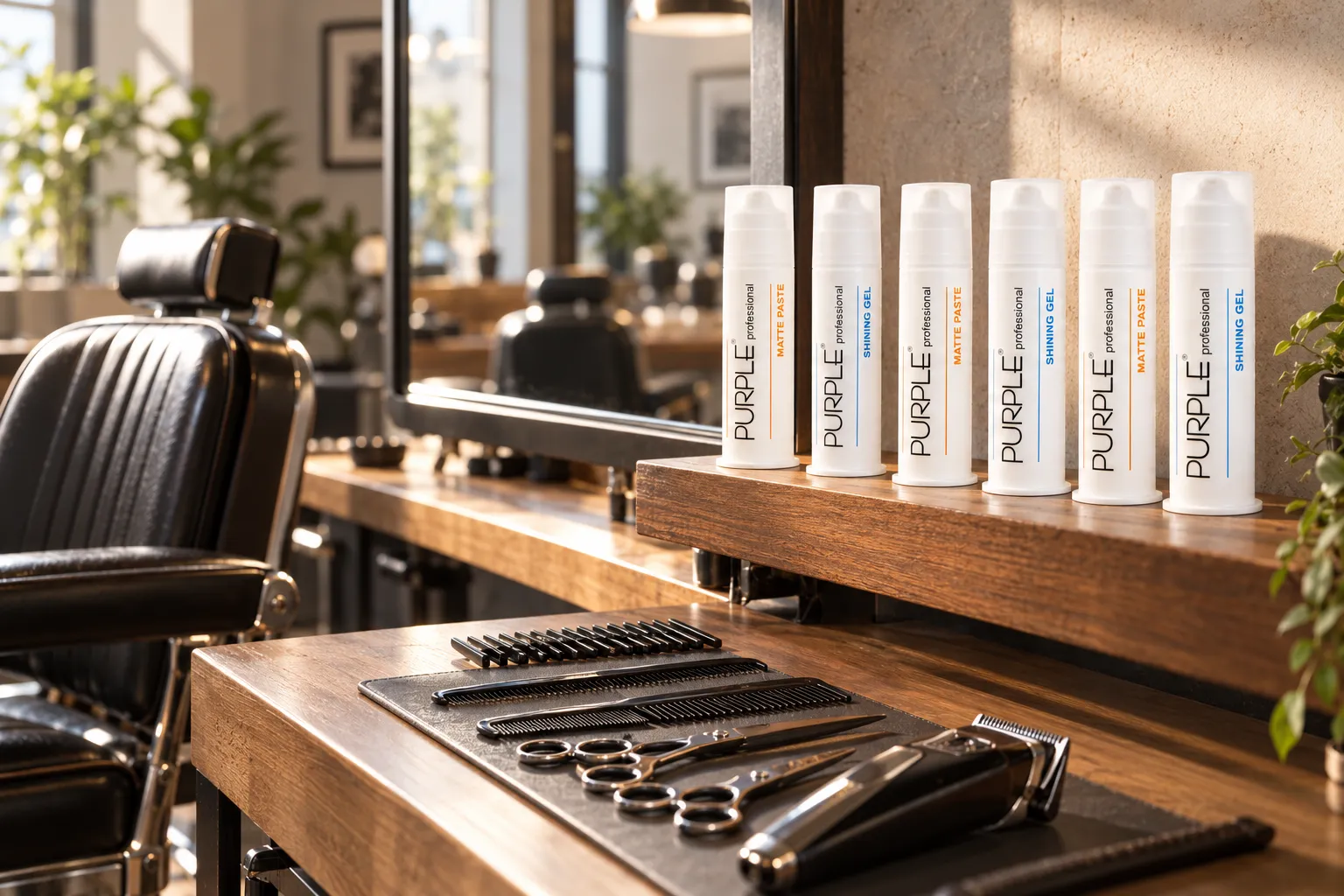 Berber tezgâhı, rafta sıralı Purple Matte Paste ve Shining Gel şişeleri