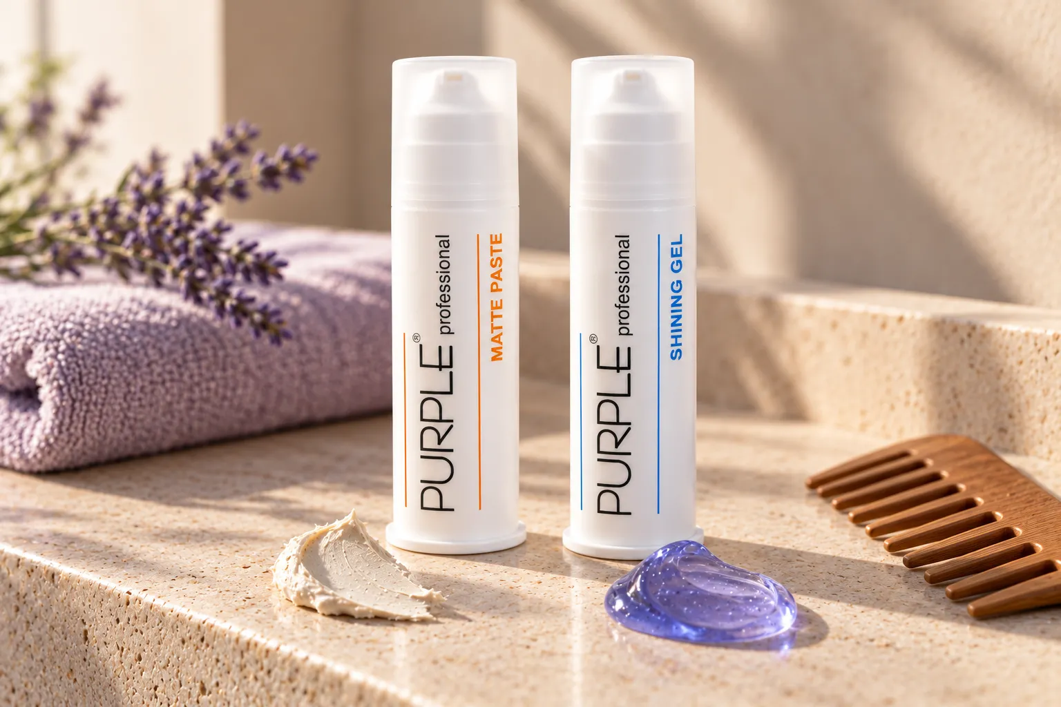 Purple Professional Matte Paste ve Shining Gel şişeleri, önlerinde mat macun ve mavimsi mor jel dokusu